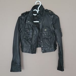 Cropped genuine leather biker jacket